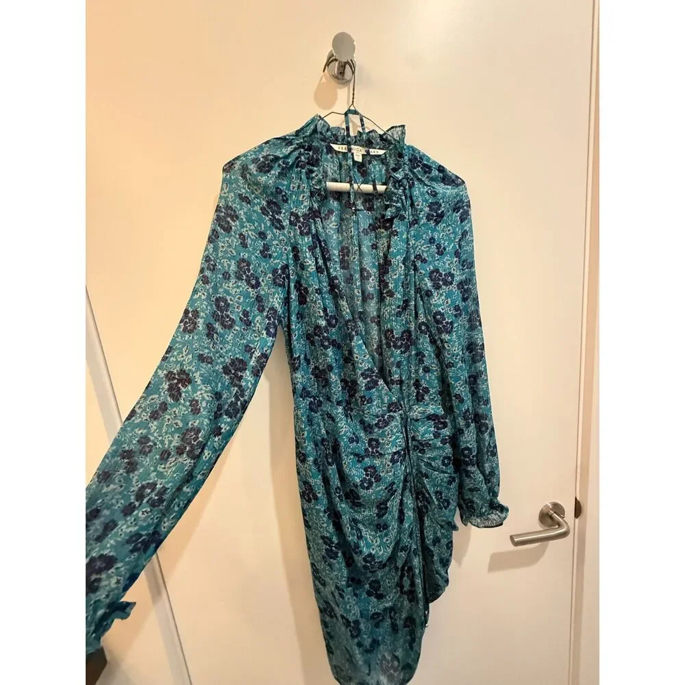 Veronica Beard Teal Navy Floral Chiffon Long Sleeve Midi Dress 4 - Picture 7 of 12